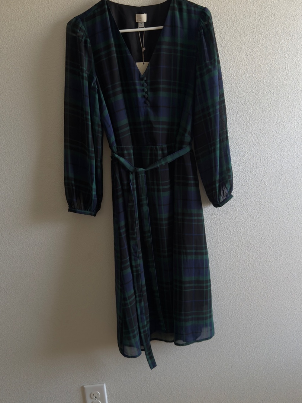 a new day Navy & Green Plaid Midi Dress with Tie Waist